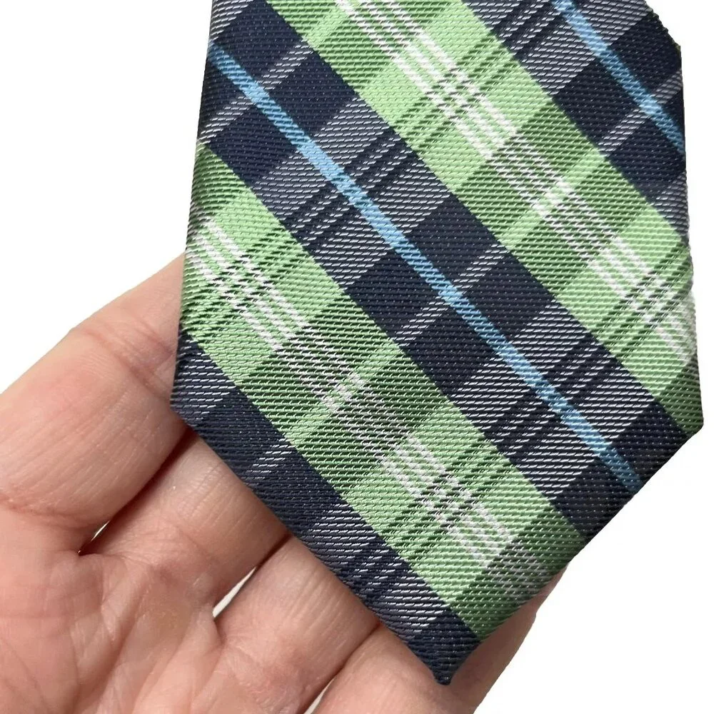 Chaps Boys Necktie Leaf Green Dark Light Blue White Plaid Tie 2.5